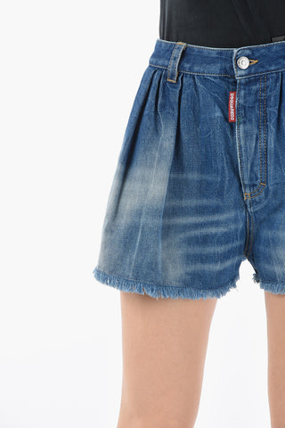 Double Pleat Denim Shorts with Frayed Hem