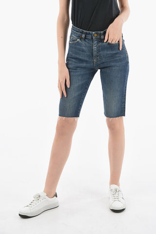Fringed High-waisted Shorts with Dark Wash