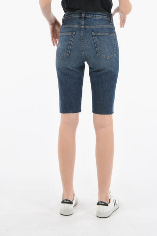 Fringed High-waisted Shorts with Dark Wash