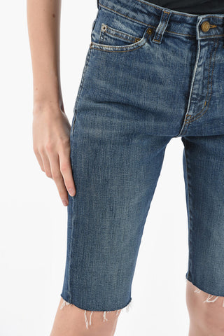 Fringed High-waisted Shorts with Dark Wash