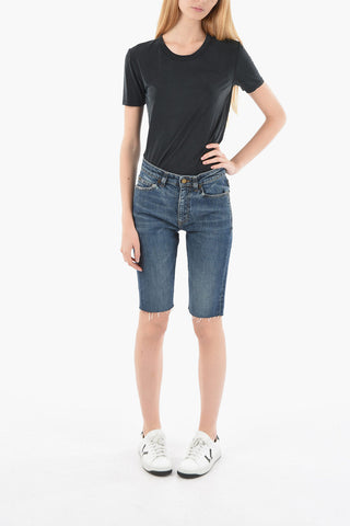 Fringed High-waisted Shorts with Dark Wash