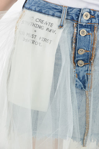 BEN TAVERNITI Minigonna di Jeans Effetto Délavé con Tulle