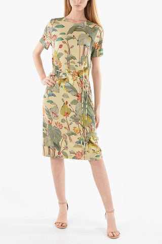 Viscose-satin Short-sleeved Dress in Floral Motif with Belt