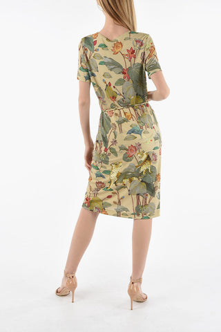 Viscose-satin Short-sleeved Dress in Floral Motif with Belt