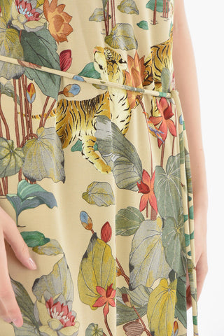 Viscose-satin Short-sleeved Dress in Floral Motif with Belt