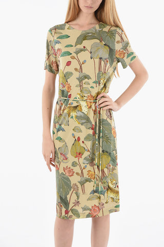 Viscose-satin Short-sleeved Dress in Floral Motif with Belt