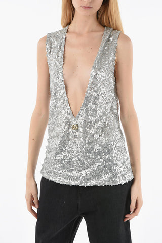 Top in Paillettes Smanicato Scollo a V con Logo Applicato