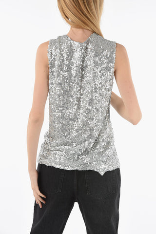 Top in Paillettes Smanicato Scollo a V con Logo Applicato