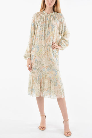 Silk-chiffon Midi Dress in Floral Motif with Bottom Ruffle