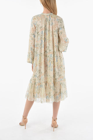 Silk-chiffon Midi Dress in Floral Motif with Bottom Ruffle