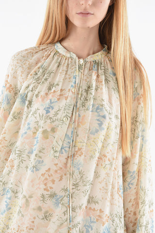 Silk-chiffon Midi Dress in Floral Motif with Bottom Ruffle