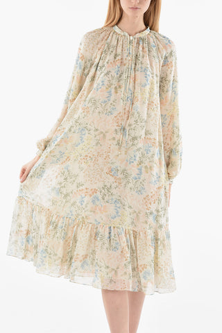 Silk-chiffon Midi Dress in Floral Motif with Bottom Ruffle