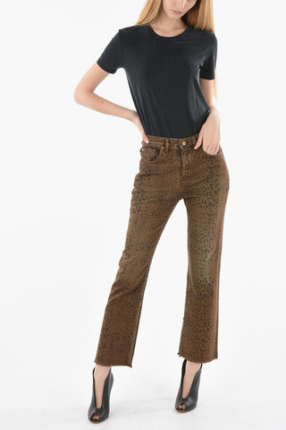 Jeans Slim Fit a Fantasia Animalier ed Orlo Sfrangiato 20cm