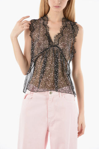 Floral Patterned See Through Silk Top