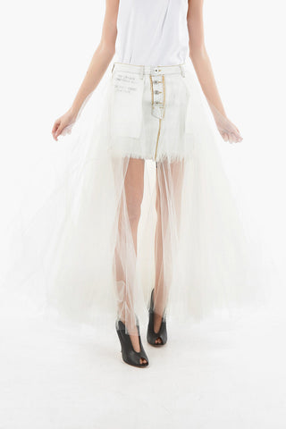 BEN TAVERNITI Fringed Denim Miniskirt with Tulle