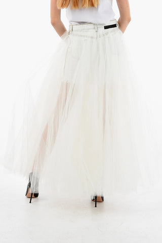 BEN TAVERNITI Fringed Denim Miniskirt with Tulle
