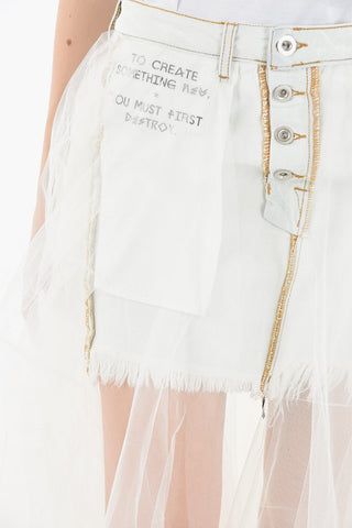 BEN TAVERNITI Fringed Denim Miniskirt with Tulle