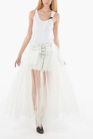BEN TAVERNITI Fringed Denim Miniskirt with Tulle