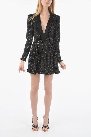 V-Neckline Polka Dot Silk Apron Minidress
