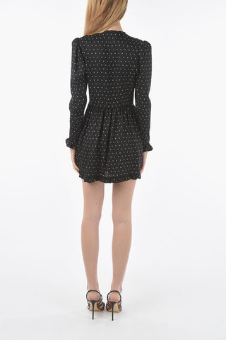 V-Neckline Polka Dot Silk Apron Minidress