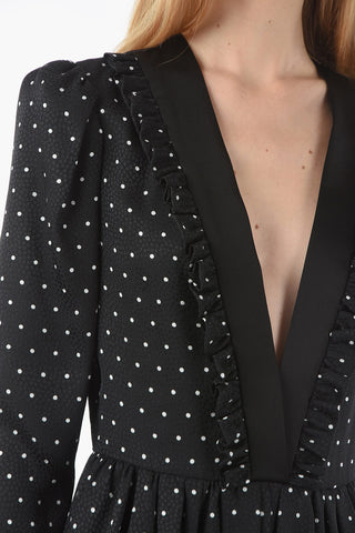 V-Neckline Polka Dot Silk Apron Minidress