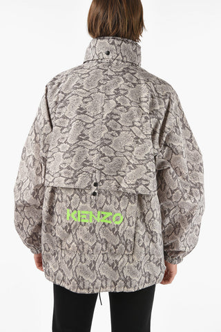 Snake-print Windbreaker with Foldable Hood
