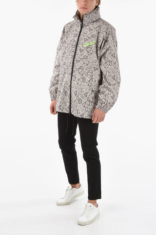 Snake-print Windbreaker with Foldable Hood