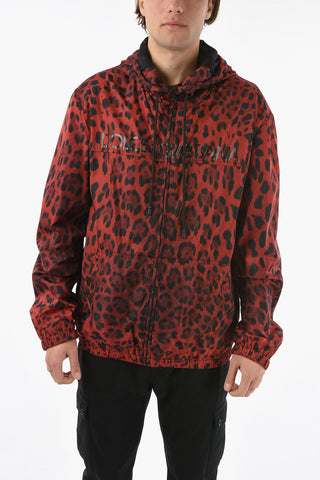 Giacca a Vento Hoodie in Stampa Leopardo con Coulisse in Vita