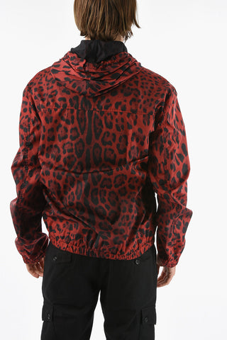 Giacca a Vento Hoodie in Stampa Leopardo con Coulisse in Vita