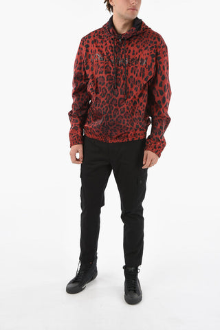 Giacca a Vento Hoodie in Stampa Leopardo con Coulisse in Vita
