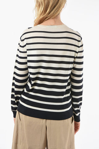 Maglione Collo a V in Lana Motivo a Righe e Logo