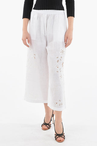 Wide-leg Cropped Lace Linen Trousers with Elastic Waistband