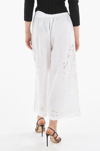 Wide-leg Cropped Lace Linen Trousers with Elastic Waistband