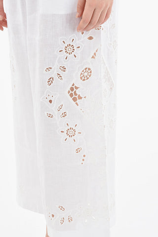 Wide-leg Cropped Lace Linen Trousers with Elastic Waistband