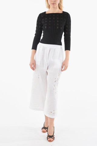 Wide-leg Cropped Lace Linen Trousers with Elastic Waistband