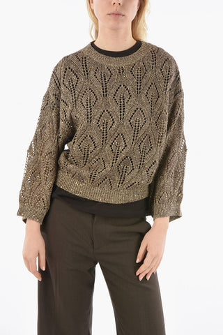 Crew-Neck Sequined Opework Pull with Ribbed Profiles
