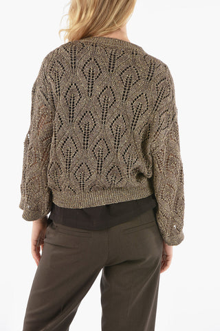 Crew-Neck Sequined Opework Pull with Ribbed Profiles