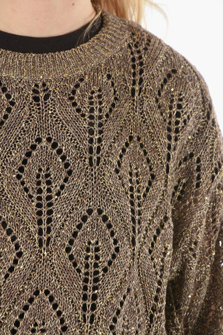 Crew-Neck Sequined Opework Pull with Ribbed Profiles