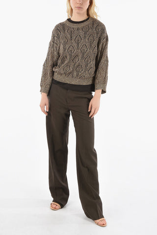 Crew-Neck Sequined Opework Pull with Ribbed Profiles