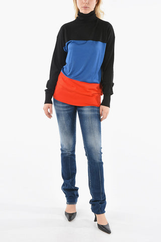 Maglia A Collo Alto In Lana Color Block