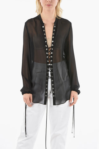 Lace-up Detail Silk Blouse