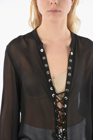 Lace-up Detail Silk Blouse