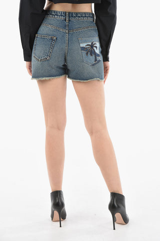Shorts PALM INTARSIA in Denim con Fondo Sfrangiato