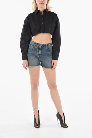 Shorts PALM INTARSIA in Denim con Fondo Sfrangiato