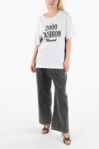 Slogan Printed Side Lace-up Fastened T-shirt with Gold-tone Logo Plaque