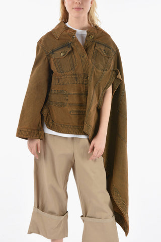 Asymmetrical Denim Jacket with Logoed Buttons