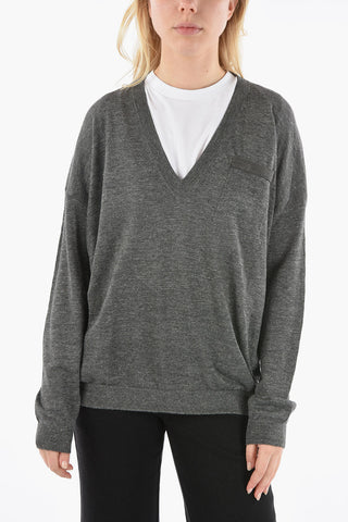 V-Neck Linen Blend Sweater with Jewelry Chest Pocket