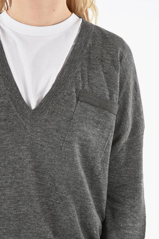 Maglia in Misto Lino Collo a V e Taschino con Monile