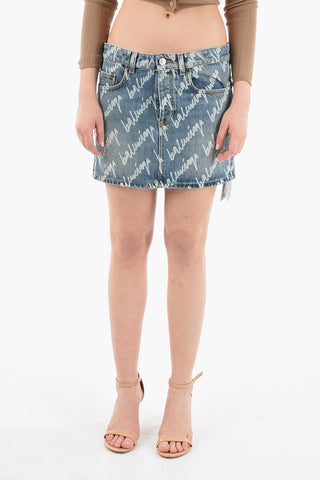 All over Logo Printed Denim Mini Skirt
