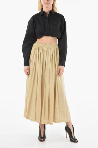 Textured-linen Flared Maxi Skirt with Elastic Waist Band